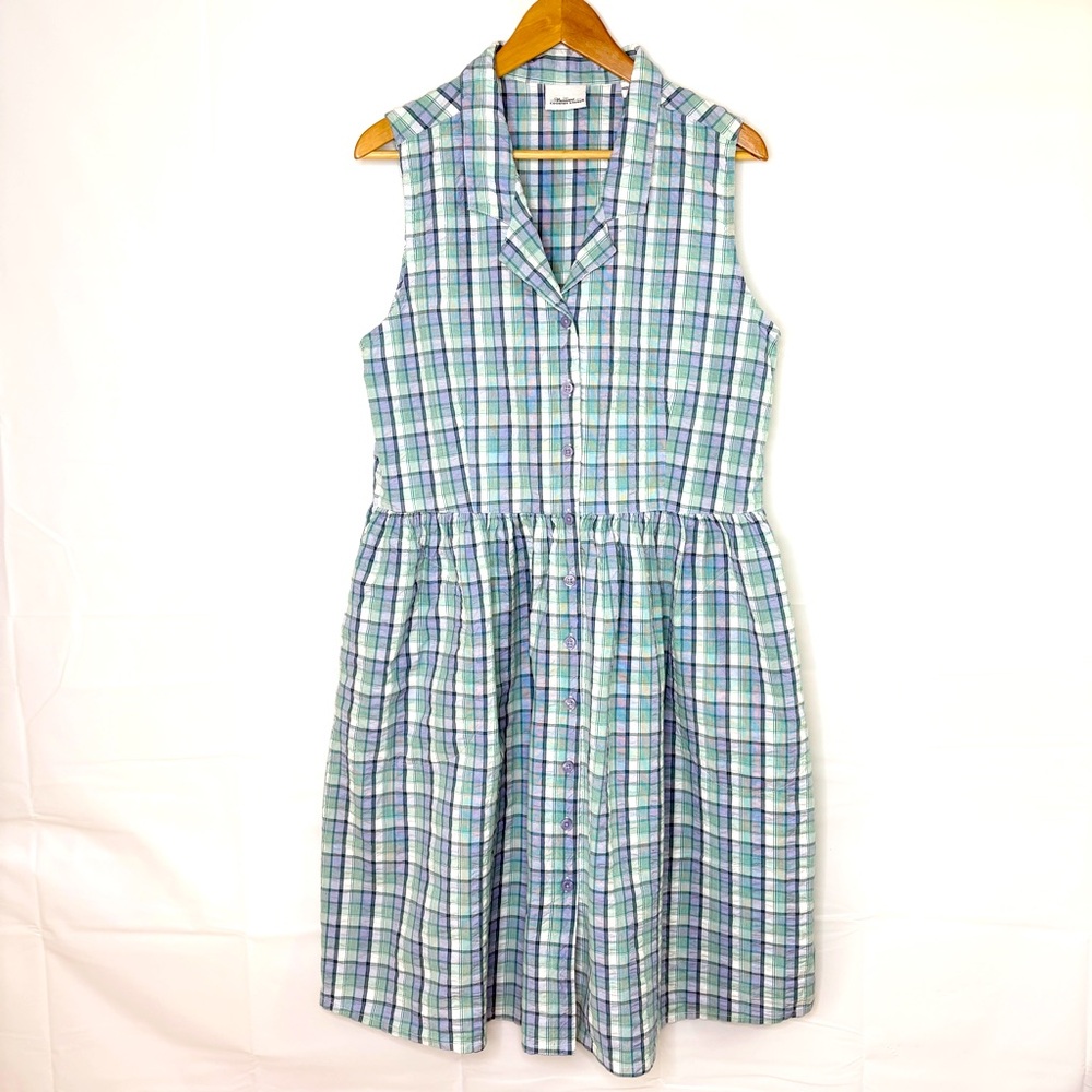 Vermont Country Store Plaid Cottagecore Seersucker Sleeveless Dress‎ Medium Blue